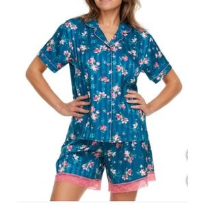 Floral Pajama Set Teal Pink Striped Sleepwear  Matching Shorts Button Up Size M